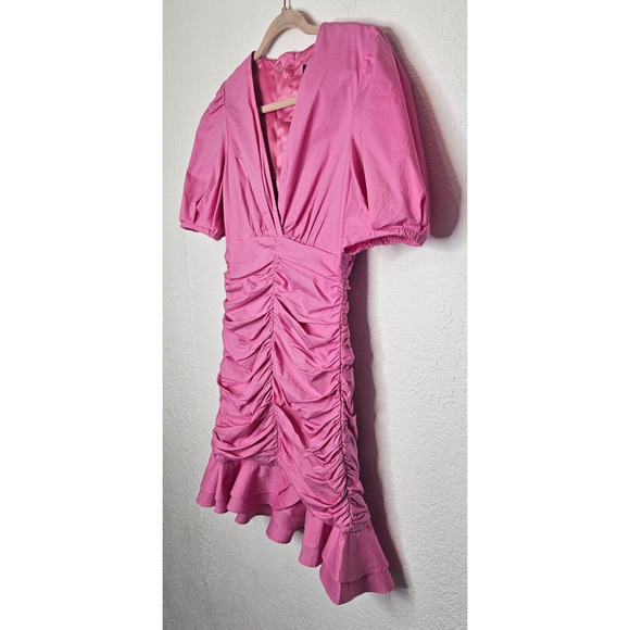 Bardot Women The Amie Mini Dress Small Candy Pink Ruched Short Puff Sleeve Party - Picture 4 of 14